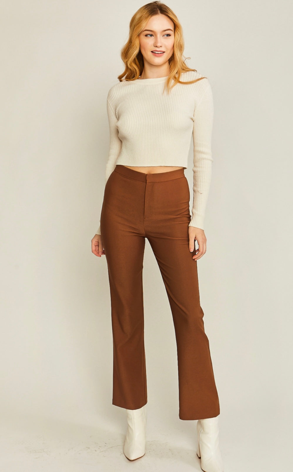 Woven solid long flared career pants